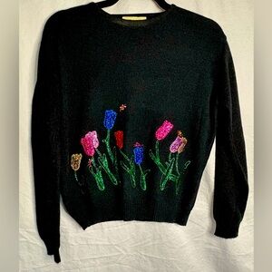 Vintage Joyce Acrylic Knit Sweater Black Floral, Small, Made in USA